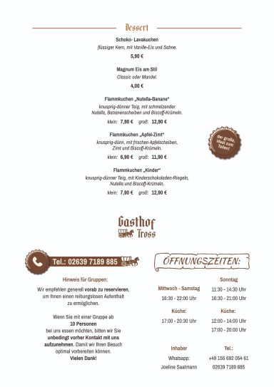 Speisekarte Restaurant Gasthof Tross – Seite 5: Dessert