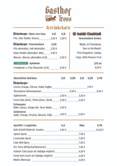 Getränkekarte Restaurant Gasthof Tross – Seite 1